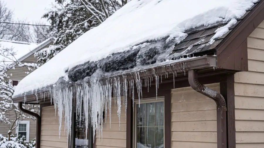 Icicles hanging from a snow-covered roof edge and gutter, the kind of winter that drives water damage in Concord, NH