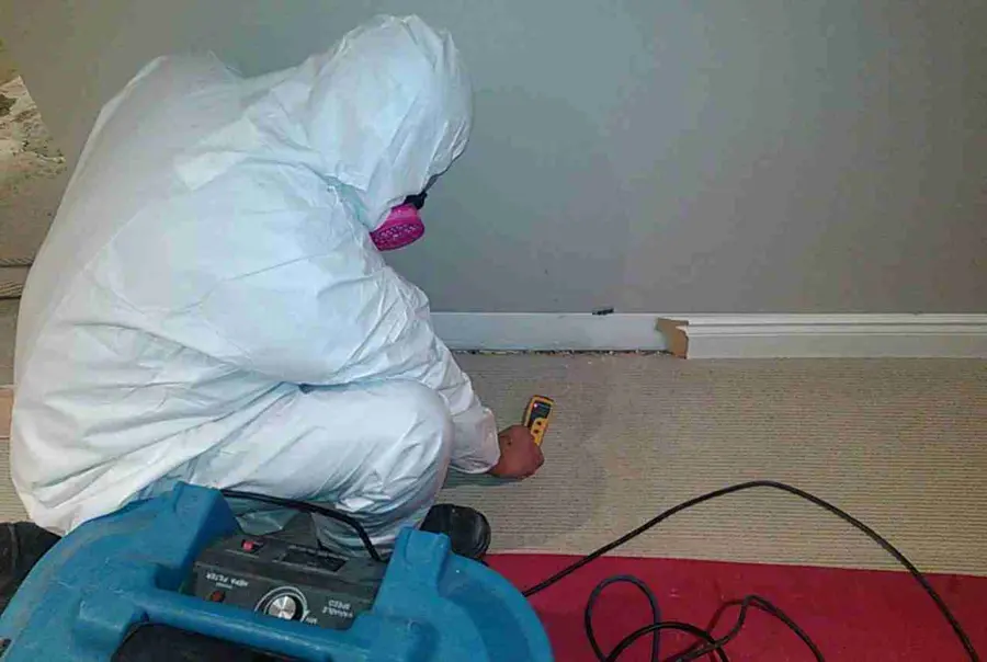 A technician in protective coveralls takes moisture readings at a wall beside an air mover, water damage restoration in Concord, NH