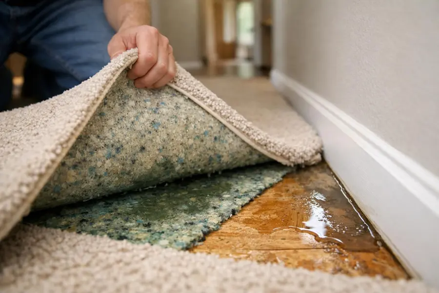 Carpet folded back from the wall of a Pembroke home to show a soaked pad and a wet floor