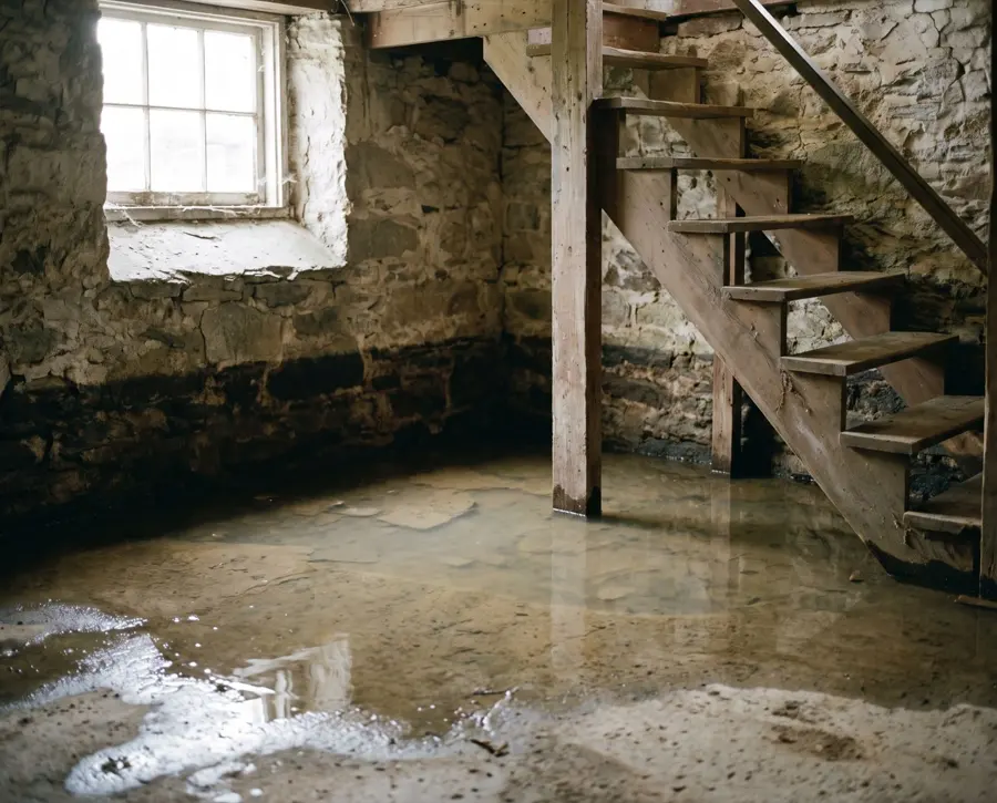 Standing water across the floor of an old stone-walled basement below wooden stairs, basement flooding cleanup in Concord, NH