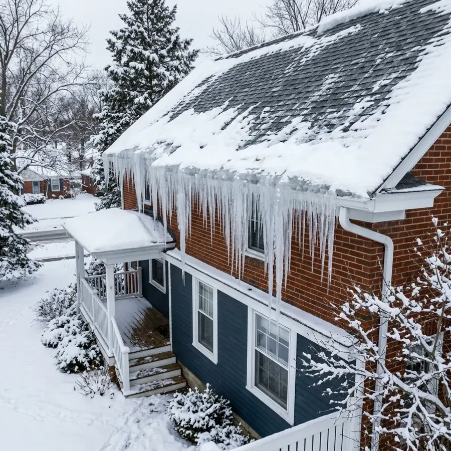 Long icicles and an ice dam along the snow-covered roof edge of a brick home, ice dam water damage in Concord, NH