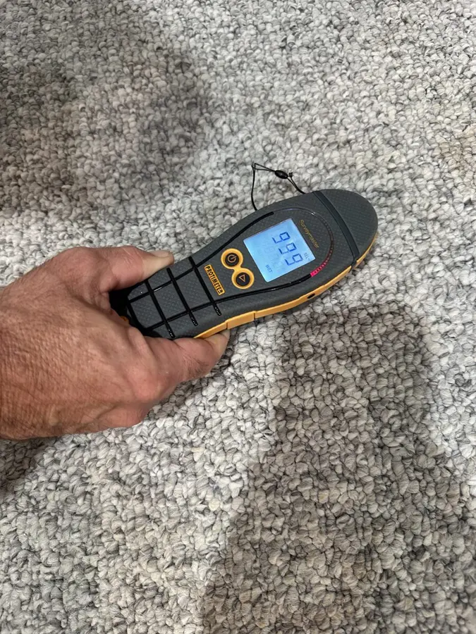 A hand holding a pinless moisture meter over damp carpet during a water damage inspection
